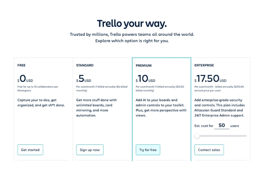 Gói Trello miễn phí lý tưởng cho cá nhân hoặc nhóm nhỏ và các gói trả phí đa dạng
