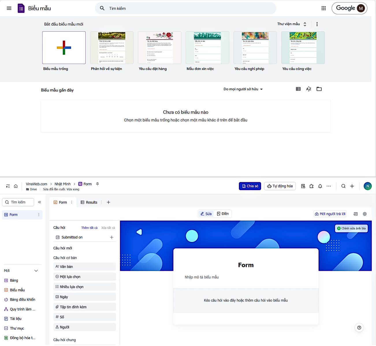 Giao diện làm việc của Lark Forms và Google Forms