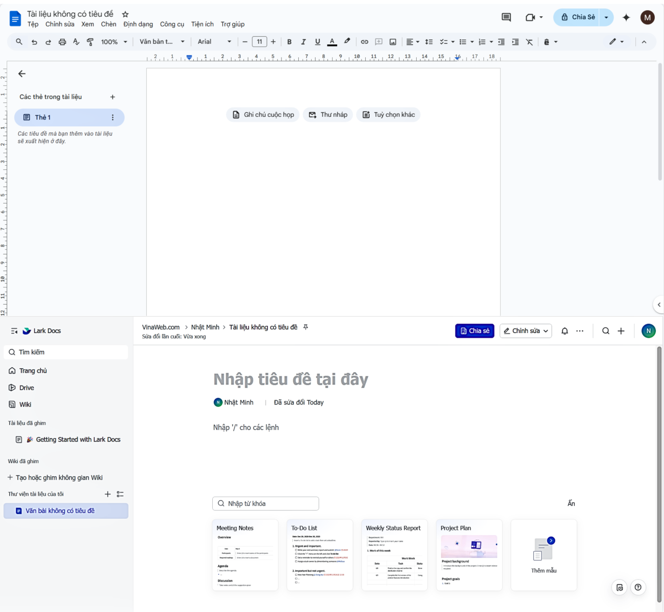 Giao diện làm việc của Google Docs Và Lark Docs