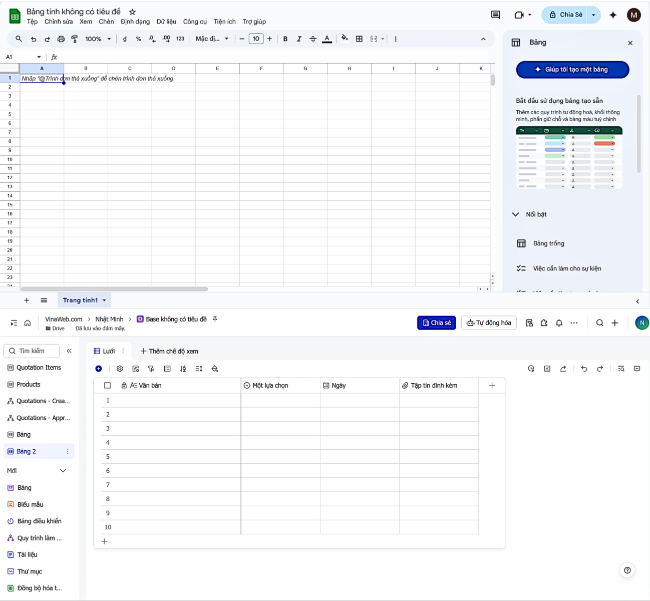 Giao diện làm việc của Lark Sheets và Google Sheets