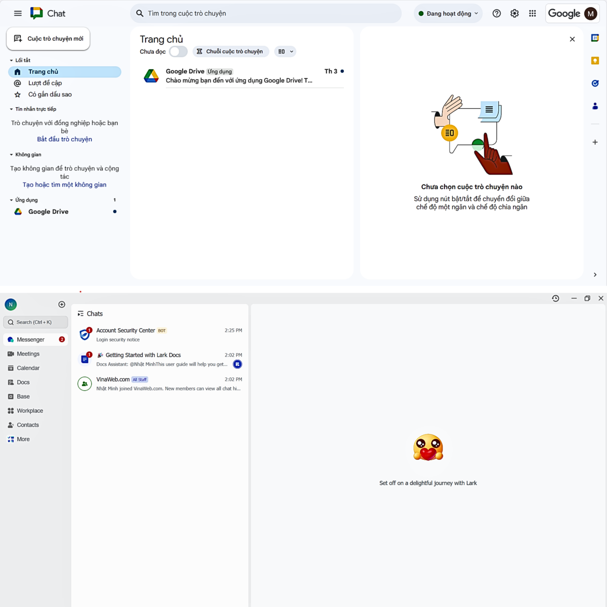 Giao diện làm việc của Lark Messenger và Google Chat