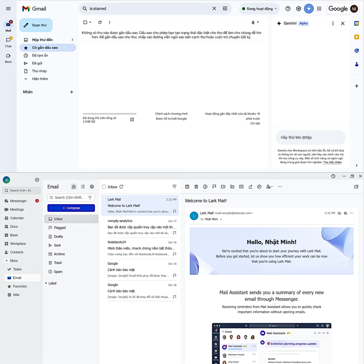 Giao diện làm việc của Lark Mail và Gmail